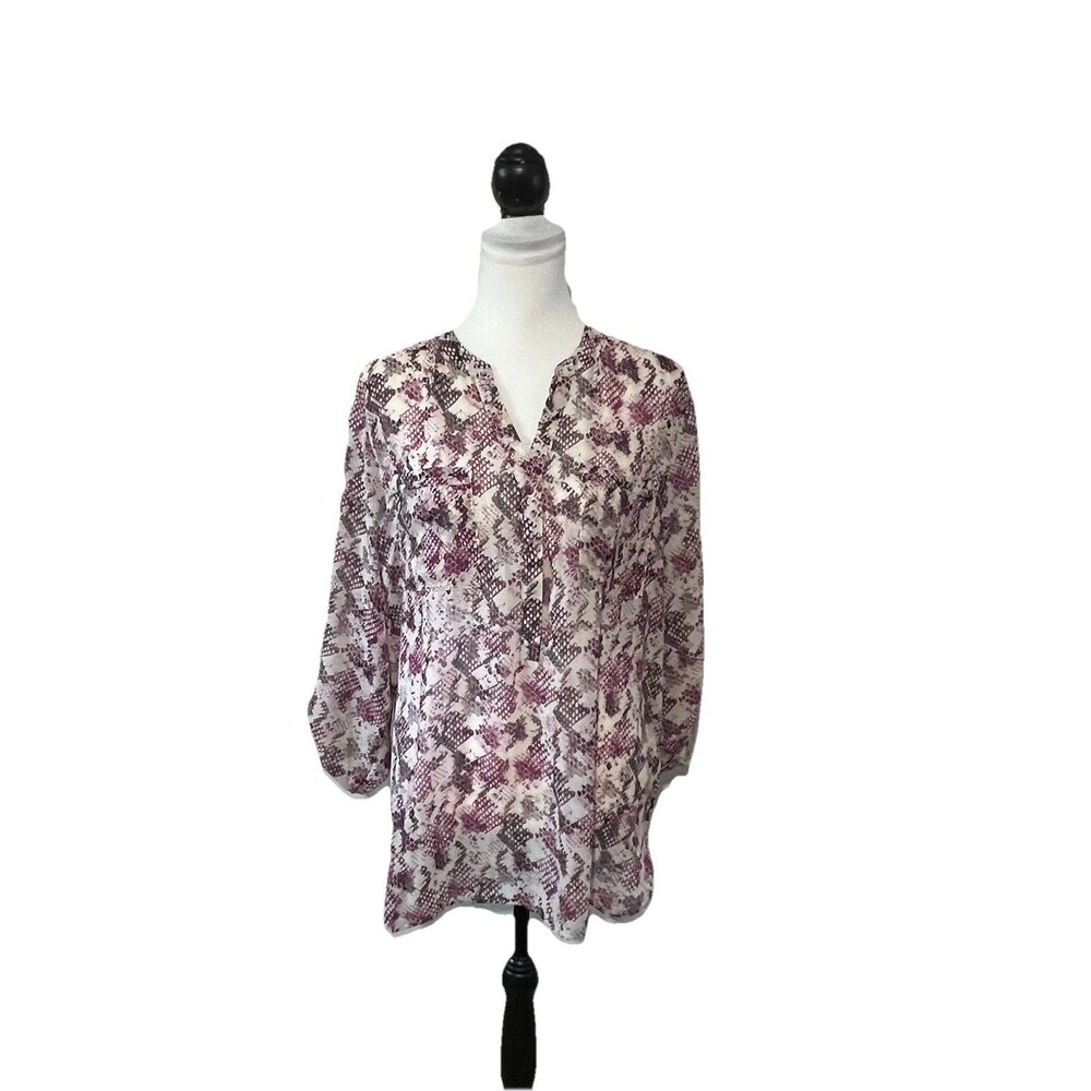 Apt. 9 Blouse Women's Size XL 3/4 Roll Tab Sleeves Snake Print Purple Gray Top
